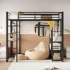 A loft bed with a desk and shelves, set up in a bedroom with a beanbag chair. Podgląd zdjęcia produktu