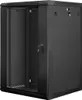 A black server rack cabinet with its doors open, showing the interior rack rails. The cabinet has two locked doors, one with a glass panel. Produktbild-Vorschau