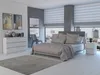 A modern bedroom with a bed, dresser, and a large window overlooking a city. Anteprima dell’immagine prodotto