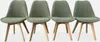 Four green chairs with wooden legs are arranged in a row against a white background. Anteprima dell’immagine prodotto