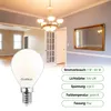 A living room scene with a chandelier and a mirror, featuring a product image of an LED light bulb and its specifications. Produktbild-Vorschau