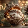 A sleeping hedgehog nestled in a hollowed-out acorn, surrounded by festive fairy lights and pine branches. Produktbild-Vorschau