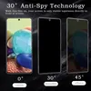 Three smartphones are displayed side-by-side to demonstrate the anti-spy technology of a screen protector. The first phone shows the screen at a 0-degree angle, fully visible. The second phone, at a 30-degree angle, shows a black screen, indicating it's in Produktbild-Vorschau