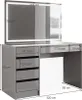 A vanity table with a large LED mirror and drawers, with dimensions indicated by text overlays. Produktbild-Vorschau