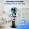 A misting fan is shown in a living room setting, with graphics indicating its oscillation feature and a sun icon suggesting its use in hot weather. Voir les images du produit