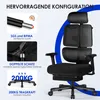 A black ergonomic office chair is shown with various feature callouts. Produktbild-Vorschau