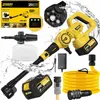 A collage of a cordless pressure washer and its accessories, with water splashes. Podgląd zdjęcia produktu