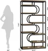 A silhouette of a person stands next to a tall, multi-shelf bookcase with a metal frame and wooden shelves. Dimensions are provided for the bookcase and its shelves. Podgląd zdjęcia produktu