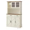 A white and brown sideboard with glass cabinet doors and wooden doors with a criss-cross pattern. Náhled obrázku produktu
