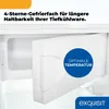 Interior view of a white refrigerator compartment, highlighting a freezer drawer with a blue circular overlay indicating optimal temperature. Produktbild-Vorschau