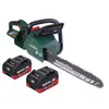 A cordless chainsaw with two batteries, presented against a white background. Produktbild-Vorschau