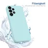 A light blue phone case is shown with water splashing around it, suggesting water resistance. Produktbild-Vorschau