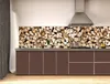 A modern kitchen with dark brown cabinets and a backsplash that mimics a stack of firewood. Produktbild-Vorschau