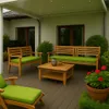 An outdoor patio with wooden furniture and green cushions. Anteprima dell’immagine prodotto