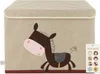 A beige fabric storage box with a cartoon horse applique and a tag showing other animal motifs. Voir les images du produit