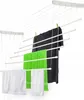 A ceiling-mounted clothes drying rack with several lines and clothes hanging on it. Náhľad obrázku produktu