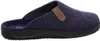 A side view of a blue felt slipper with a brown leather accent and a black sole. Voir les images du produit
