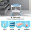 A shower stool in a bathroom setting, with additional images showing shower gel, towels, soap, and toothbrushes. Produktbild-Vorschau