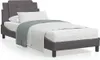 A single bed with a gray upholstered frame and headboard, made up with white bedding and a gray throw blanket. Produktbild-Vorschau