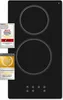 A black induction cooktop with two heating elements and control buttons at the bottom, with several award badges on the left side. Produktbild-Vorschau