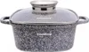 A close-up studio shot of a speckled gray pot with a glass lid and silver handles. Voir les images du produit