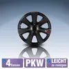 A black wheel cover with a carbon fiber pattern is shown against a gradient background, with its reflection below. Text overlays indicate product features. Produktbild-Vorschau