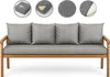 A wooden sofa with grey cushions, shown with inset images highlighting product features. Voir les images du produit
