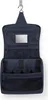 An open navy blue toiletry bag hanging from a hook. Produktbild-Vorschau
