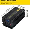 Product specifications and dimensions are shown overlaid on an image of a power inverter. Produktbild-Vorschau