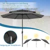 A large gray patio umbrella is shown with text overlays describing its features. Several smaller images of the umbrella at different angles are also present. Náhled obrázku produktu