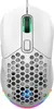 A white gaming mouse with a honeycomb design and RGB lighting. Produktbild-Vorschau