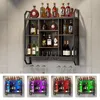 A wall-mounted wine rack displaying various bottles of alcohol and glassware, with LED lighting options shown in smaller inset images. Produktbild-Vorschau