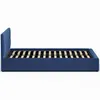 A side view of a blue upholstered bed frame with a slatted mattress support. Produktbild-Vorschau