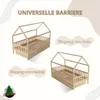 Two wooden house-shaped beds are shown, one with an entrance on the left and the other with an entrance on the right, to illustrate versatility. Text overlays indicate the entrance options and the product title is displayed at the top. A logo is present in Produktbild-Vorschau