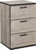 A three-drawer nightstand with a wood-grain finish and black handles, presented against a white background. Produktbild-Vorschau