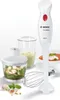 A Bosch Clever Mixx immersion blender with its accessories, including a chopper and whisk, displayed on a white background with some ingredients. Náhľad obrázku produktu