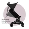 A black baby stroller is shown in profile against a light pink circular background and a white background. Text is overlaid on the image. Produktbild-Vorschau