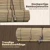A collage of two images showing bamboo blinds and curtains with German and English text descriptions. Voir les images du produit