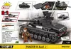 A collage of images showcasing a COBI building block set of a Panzer III Ausf. J tank, including the assembled model, close-ups of its features, and a Hungarian soldier figure. Náhľad obrázku produktu