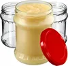 Three glass jars, one filled with a yellow substance, and a red lid. Produktbild-Vorschau