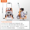 Two views of an orange and gray pipe cleaning machine with dimensions and specifications listed below. Náhľad obrázku produktu