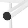 A close-up view of a white metal bed frame with a black rubber foot. Produktbild-Vorschau