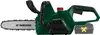 A green and black electric chainsaw is shown against a white background. A gray battery icon with a yellow 'X' is overlaid on the bottom right. Produktbild-Vorschau