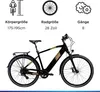 A black and gold electric trekking bicycle is shown against a white background, with icons and text above detailing its specifications. Produktbild-Vorschau