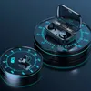 Two charging cases for wireless earbuds are displayed on illuminated circular stands, resembling gauges. Produktbild-Vorschau