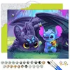 A paint-by-numbers kit featuring Stitch and Toothless from How to Train Your Dragon, with bees and a butterfly. Produktbild-Vorschau