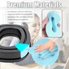 A collage of images showcasing earphone covers and their materials, with a woman wearing headphones in the background. Podgląd zdjęcia produktu