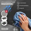 A hand is cleaning a dark gray mesh fabric with a blue cloth. Text and icons highlight product features. Produktbild-Vorschau