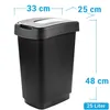 A black trash can with a silver lid, shown with dimensions indicated by blue text and lines. Produktbild-Vorschau