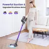 A woman is using a cordless vacuum cleaner in a living room setting. Produktbild-Vorschau